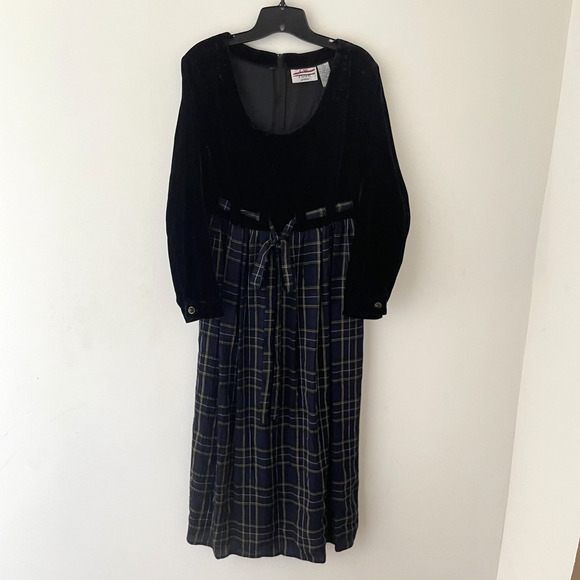 Vintage 90s Velvet Plaid Midi Dress Grunge Dark Academia Holiday M Petite - Picture 2 of 11